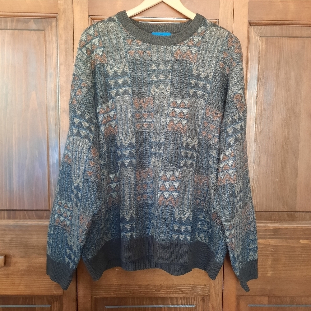 Vintage Towncraft Brown Blue Aztec Cosby Grandpa Style Knit Sweater Size XXL